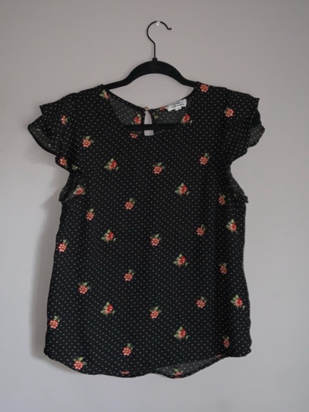 Twine & String Blouse Polka Dot Floral Ruffle Sleeve Top - Size Medium
